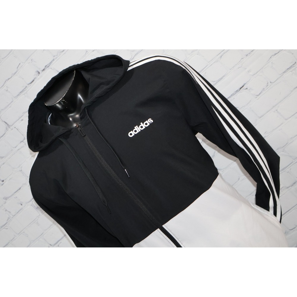 Adidas Windbreaker Mens Large Black White 3-Stripe Hooded Full Zip Jacket **